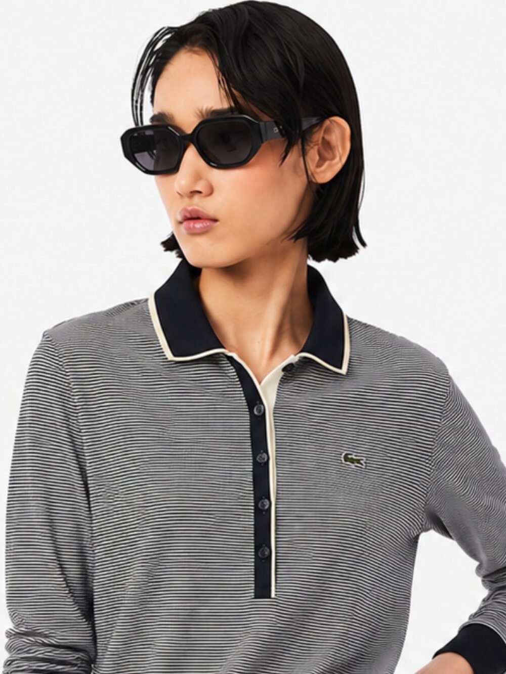 Vintage Lacoste Long Sleeve Striped Polo Gray Black Large